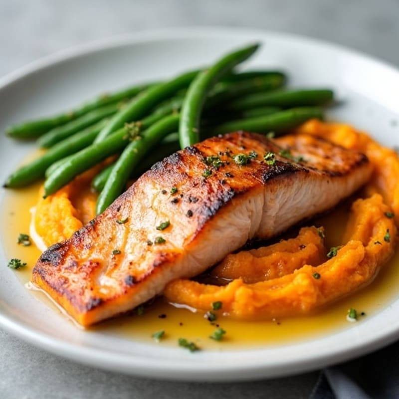Seared Salmon with Garlic Green Beans and Sweet Potato Mash