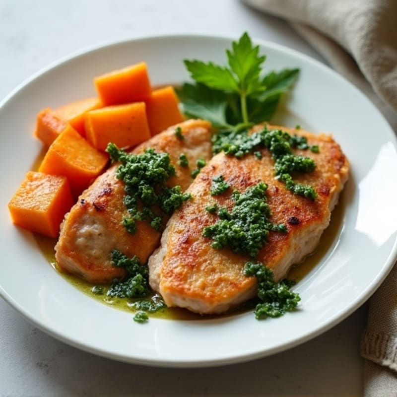 Pan-Seared Turkey Cutlets with Zesty Fresh Herb Chimichurri and Roasted Sweet Potatoes