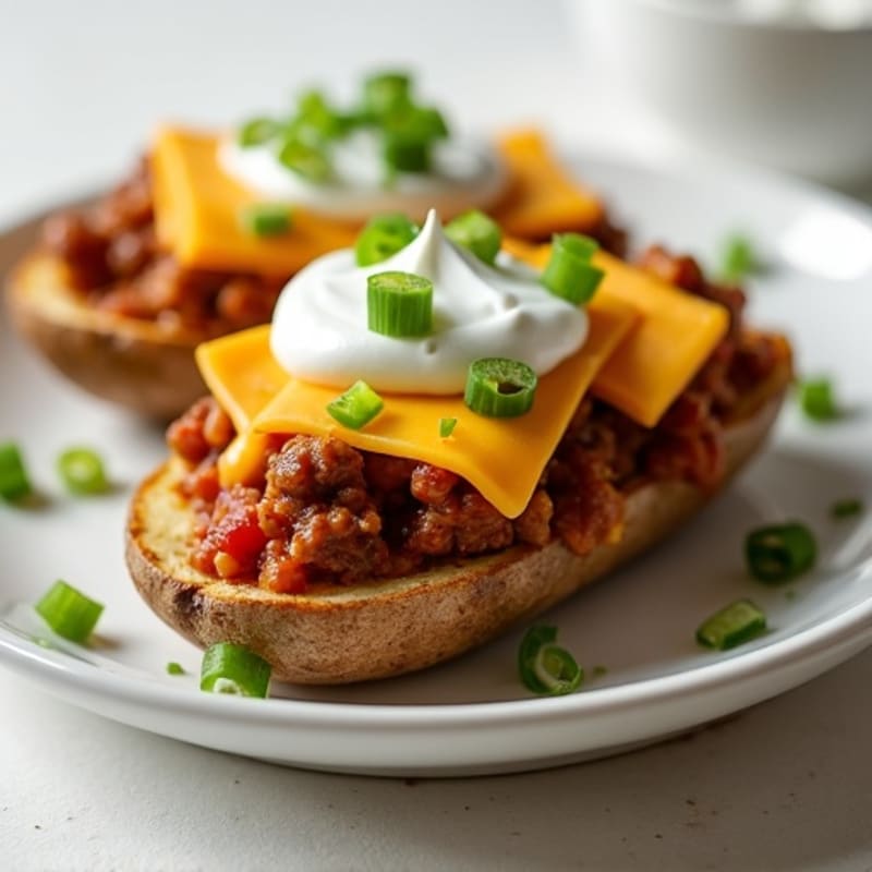 Loaded Baked Potato Skins with Lean Beef Chili and Sharp Cheddar