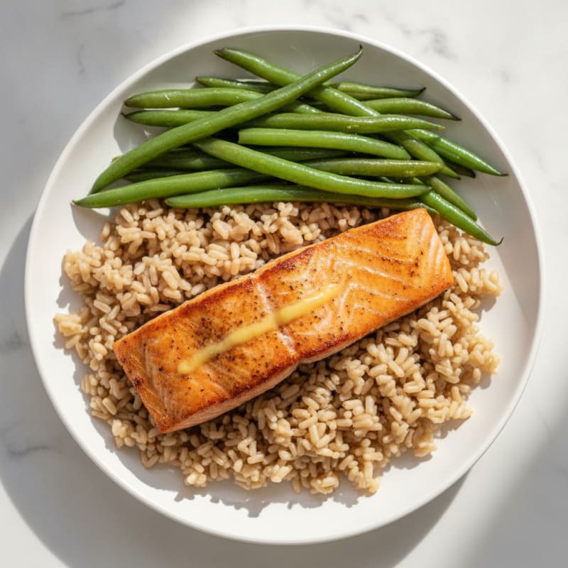 Seared Salmon with Steamed Green Beans and Brown Rice