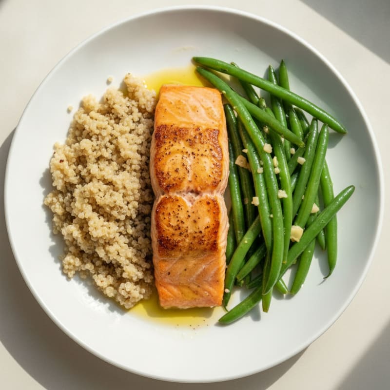 Seared Salmon with Garlic Green Beans and Quinoa Pilaf