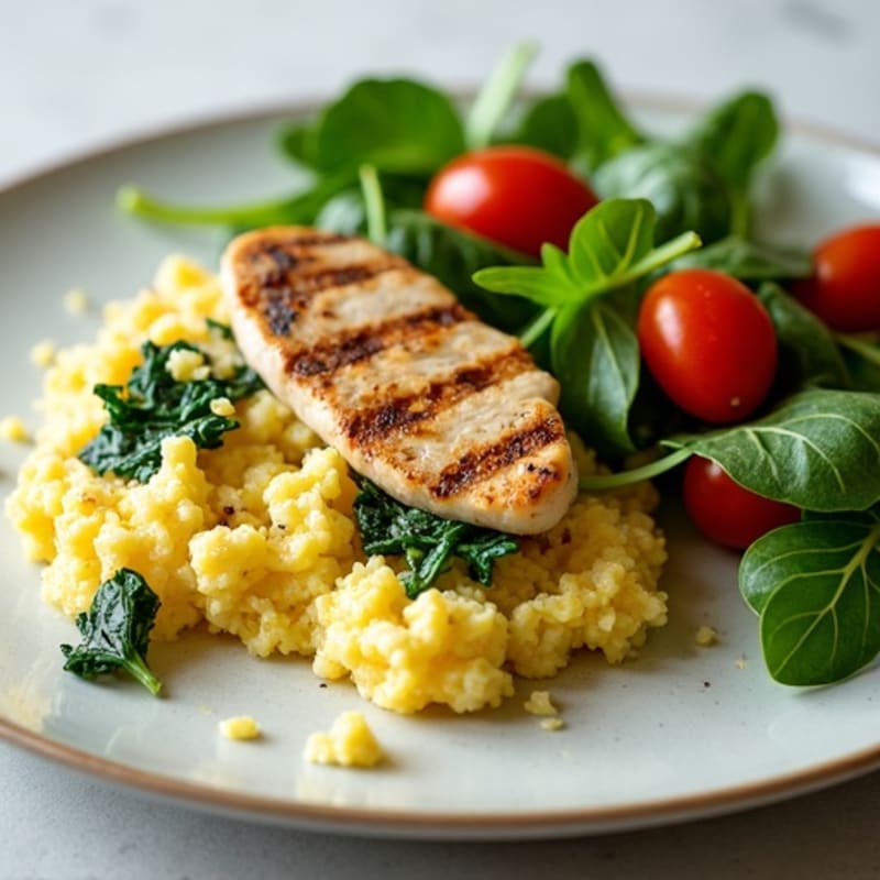Egg White Scramble with Sautéed Spinach and Grilled Chicken, with Fresh Mixed Greens