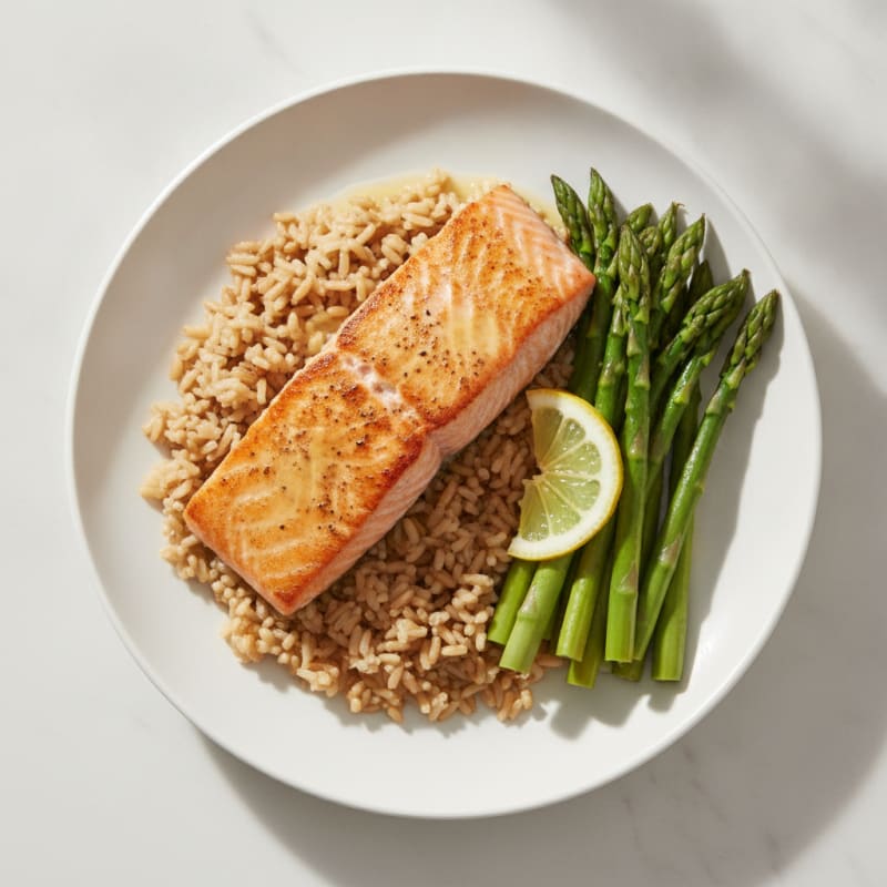 Seared Salmon with Steamed Asparagus and Brown Rice