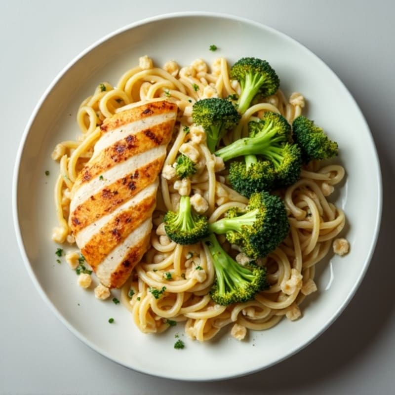 Creamy Cashew Alfredo Pasta with Roasted Broccoli and Chicken
