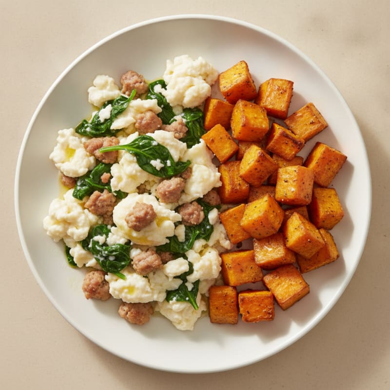 Egg White and Turkey Sausage Scramble with Spinach and Roasted Sweet Potatoes