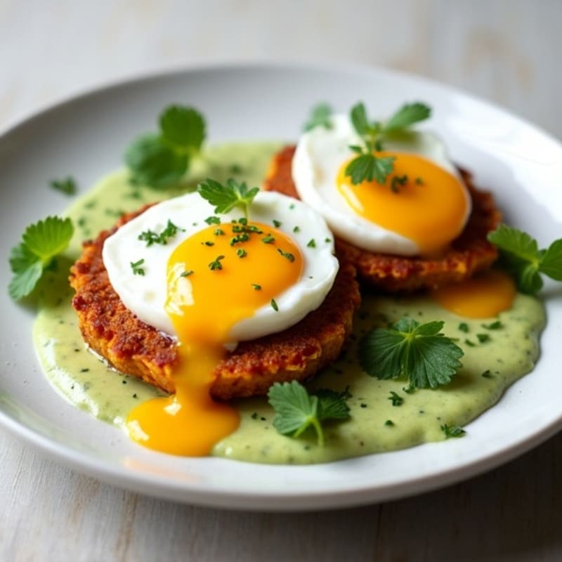 Poached Eggs with Crispy Sweet Potato Cakes and Creamy Avocado Sauce
