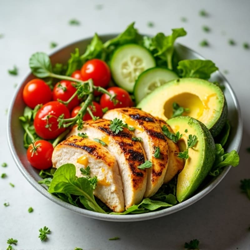 Grilled Chicken and Crisp Avocado Salad Bowl with Lemon-Herb Dressing