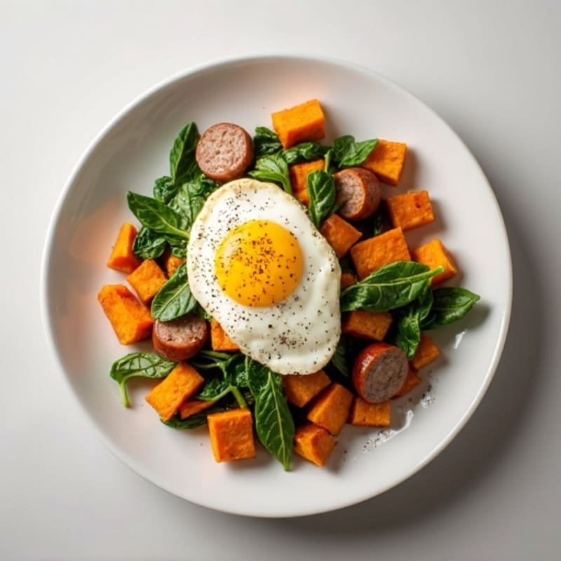 Egg White and Turkey Sausage Scramble with Spinach and Roasted Sweet Potato