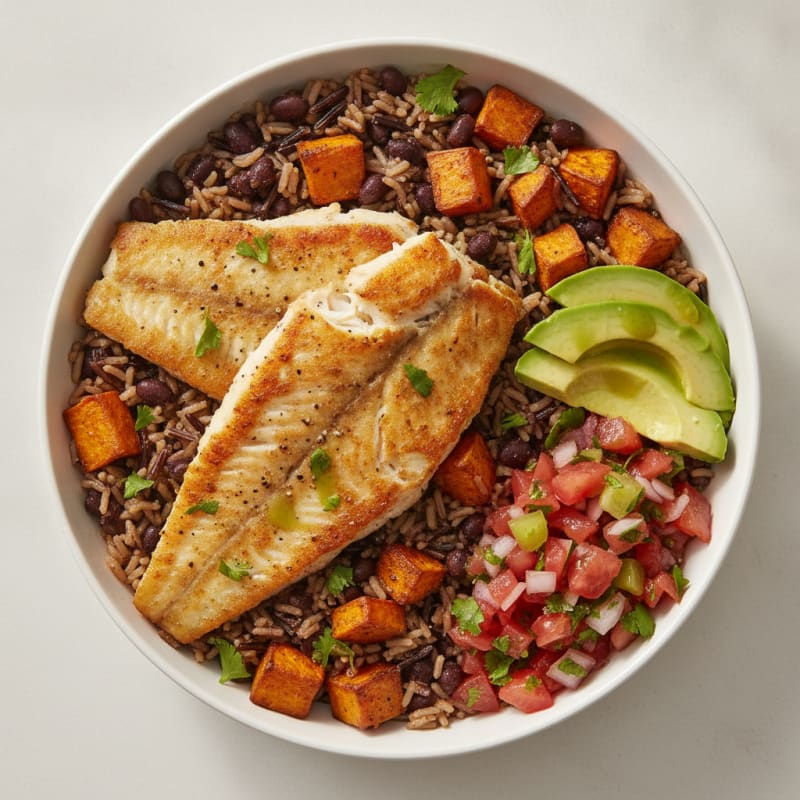 Tilapia Power Bowl with Sweet Potato and Wild Rice