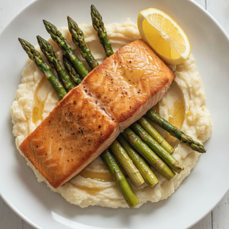 Seared Salmon with Roasted Asparagus and Garlic Mashed Cauliflower