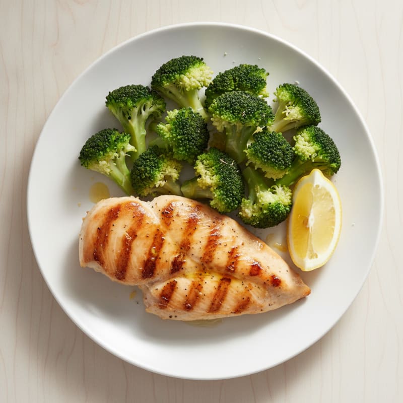 Grilled Chicken Breast with Steamed Broccoli and Lemon