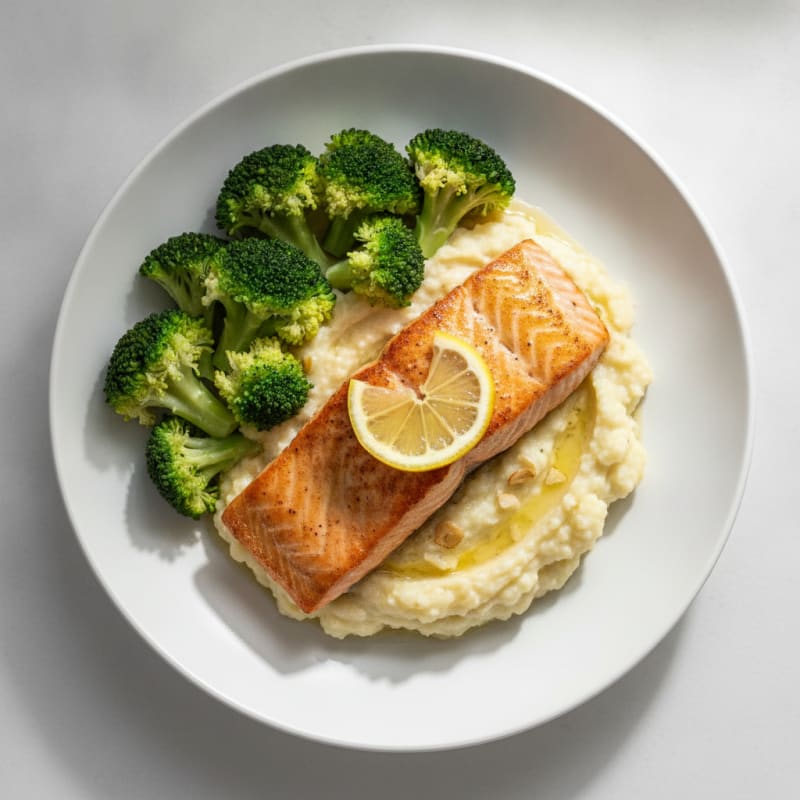 Seared Salmon with Steamed Broccoli and Garlic Cauliflower Mash