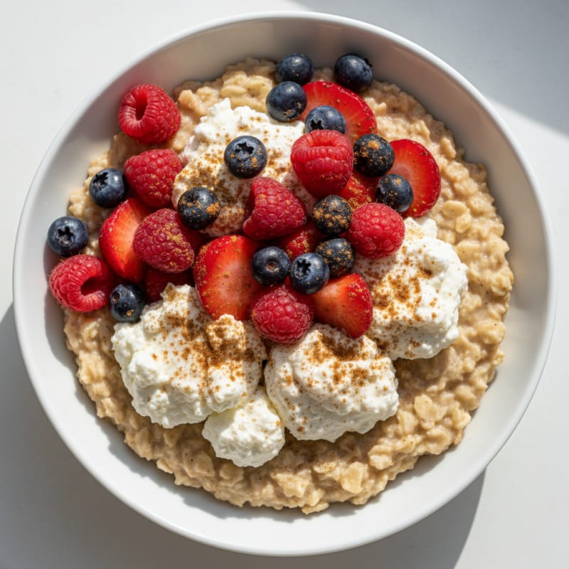 High-Protein Oatmeal Bowl with Cottage Cheese and Mixed Fruit