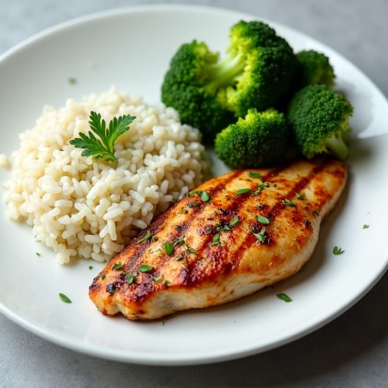Grilled Chicken Breast with Herb Rice and Steamed Broccoli