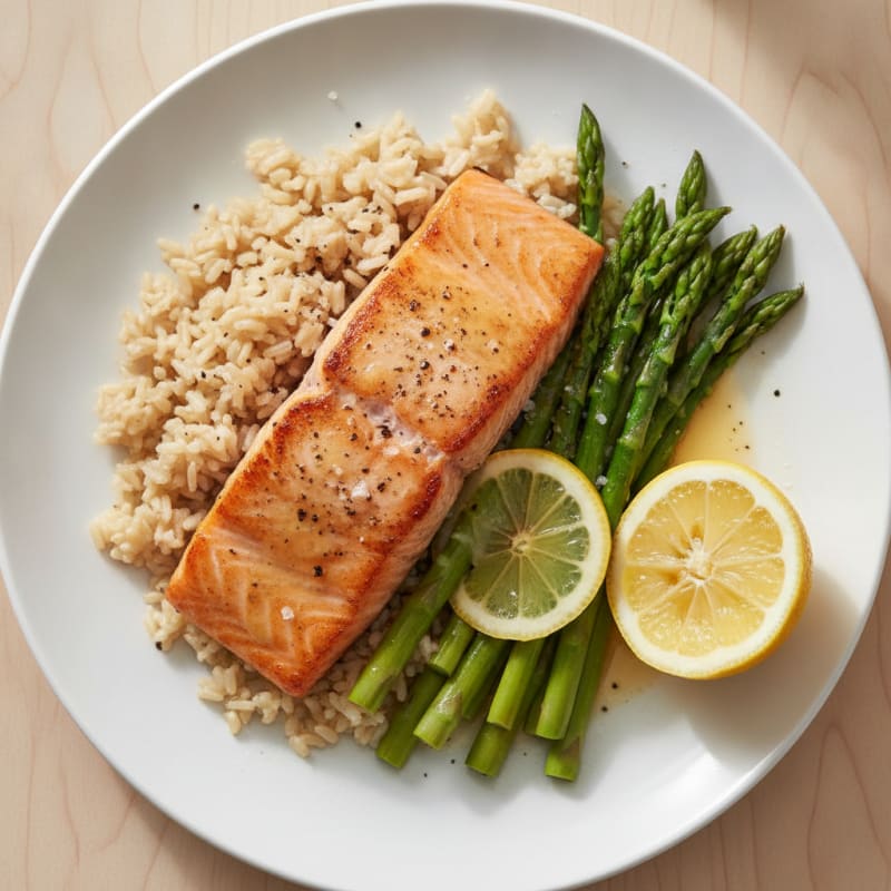 Seared Salmon Fillet with Steamed Asparagus and Brown Rice