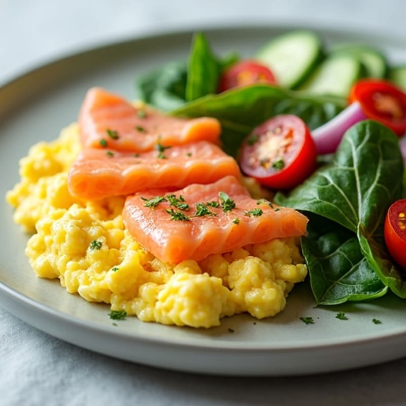 Egg White and Smoked Salmon Scramble with Spinach and Cucumber Salad