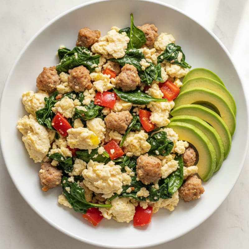 Egg White and Turkey Sausage Scramble with Sautéed Spinach