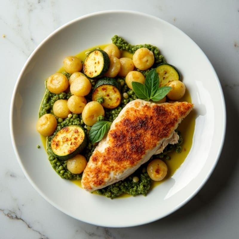 Crispy Gnocchi with Pan-Seared Chicken, Roasted Zucchini, and Fresh Basil Pesto