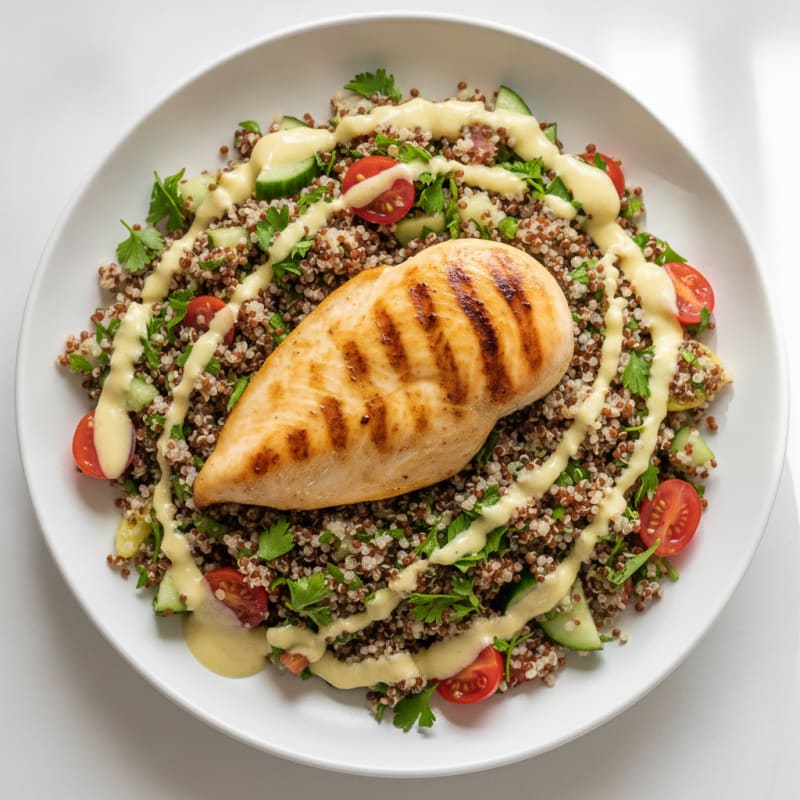 Grilled Chicken Breast with Quinoa Tabbouleh and Lemon Yogurt Sauce
