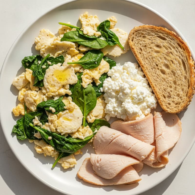Egg White and Spinach Scramble with Cottage Cheese and Sliced Turkey