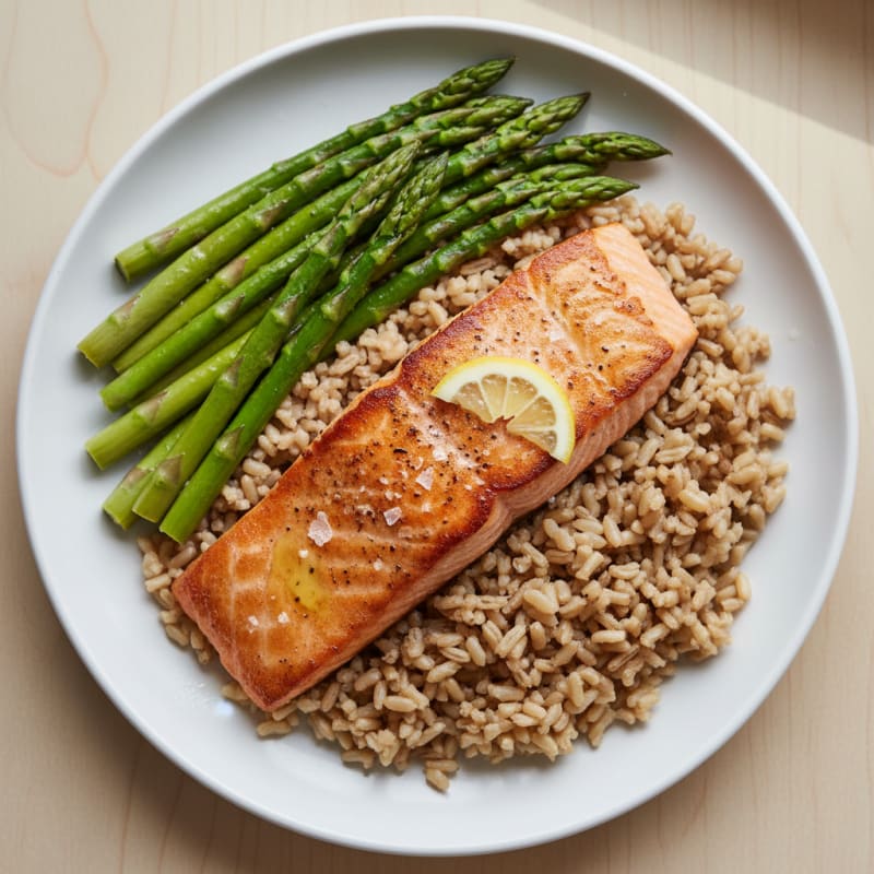 Seared Salmon with Steamed Asparagus and Brown Rice