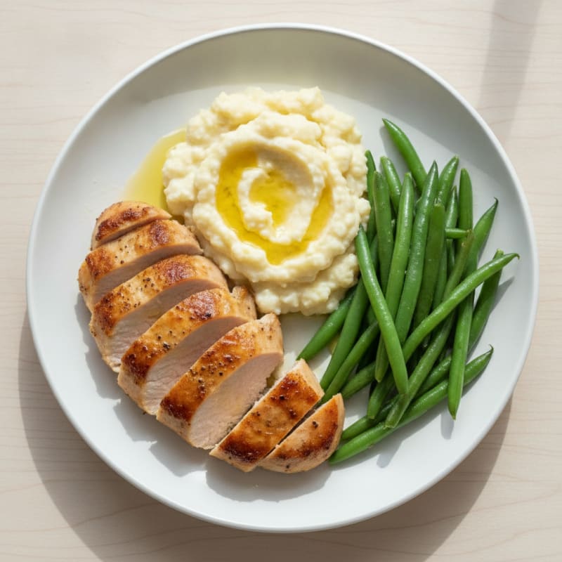 Seared Turkey Breast with Steamed Green Beans and Garlic Mashed Cauliflower
