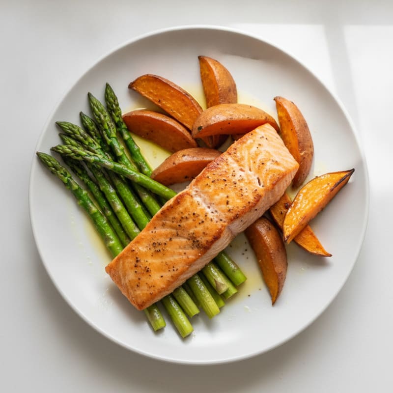 Seared Salmon with Roasted Sweet Potatoes and Asparagus