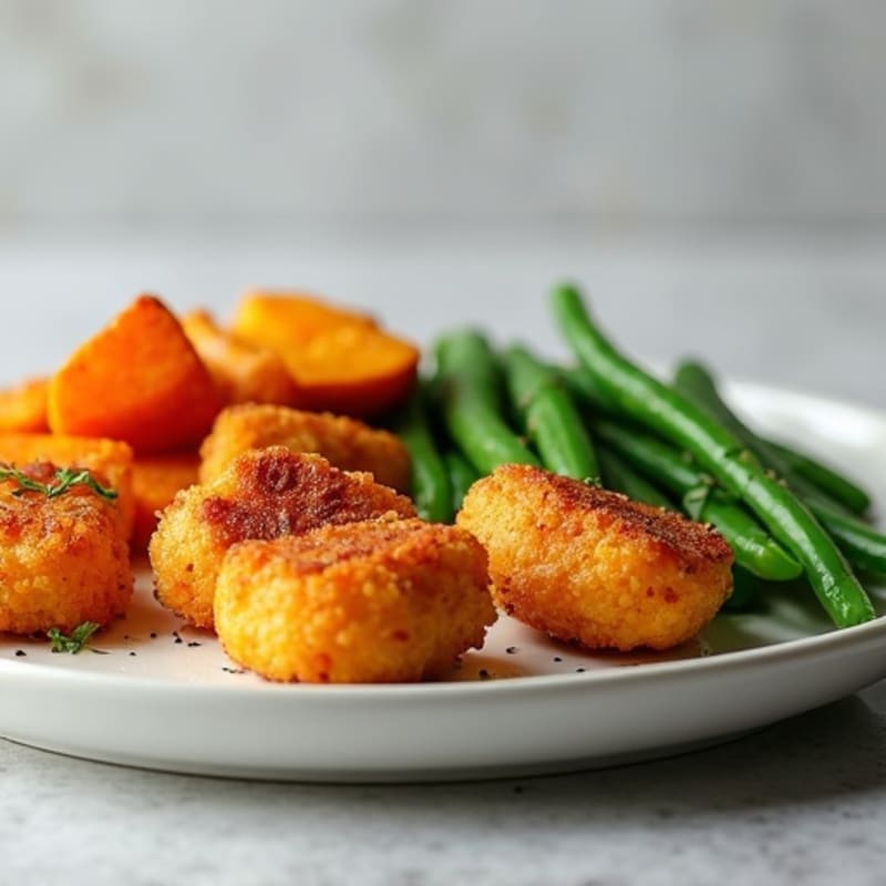 Crispy Baked Chicken Bites with Roasted Sweet Potato Wedges and Sautéed Green Beans