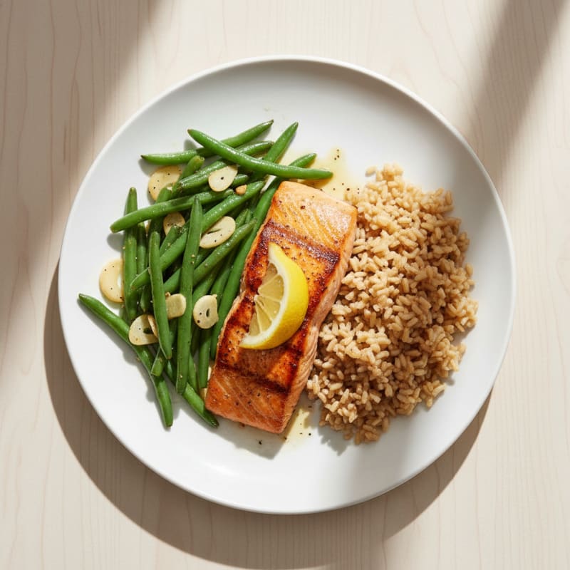 Seared Salmon with Garlic Green Beans and Brown Rice