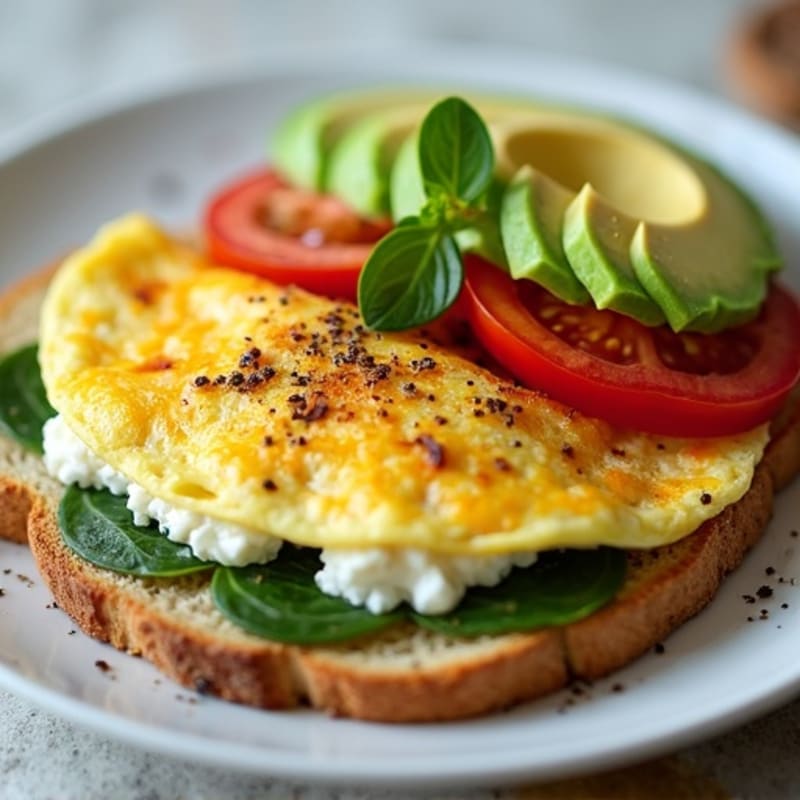 Egg White Spinach Omelette with Cottage Cheese, Sliced Tomatoes, and Avocado Toast