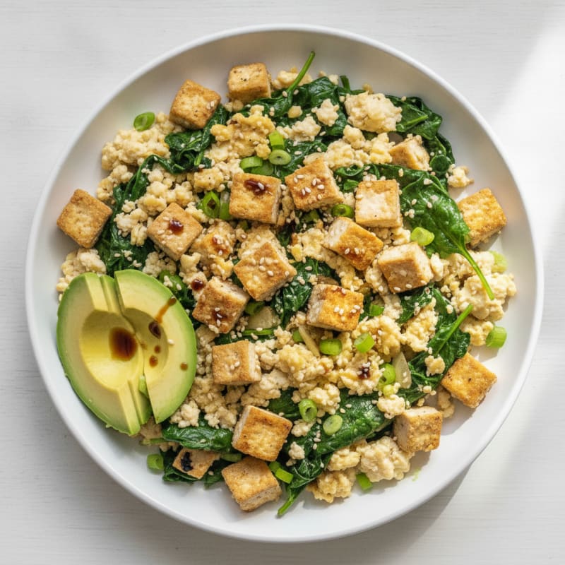 Egg White Scramble with Tofu and Sautéed Spinach