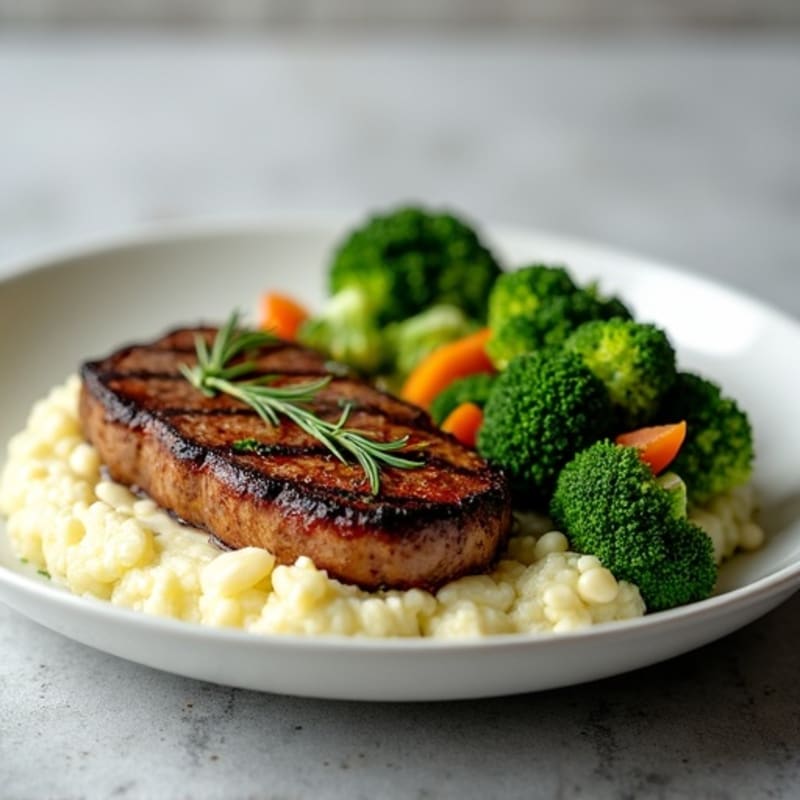 Seared Steak with Garlic Roasted Broccoli and Cauliflower Mash