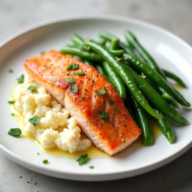 Seared Salmon with Steamed Green Beans and Cauliflower Mash