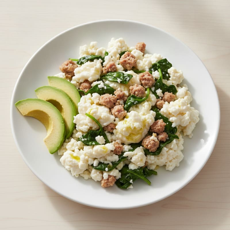Egg White Scramble with Turkey Sausage and Sautéed Spinach