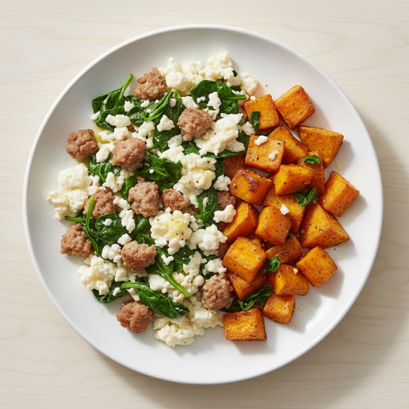 Egg White and Turkey Sausage Scramble with Spinach and Roasted Sweet Potatoes