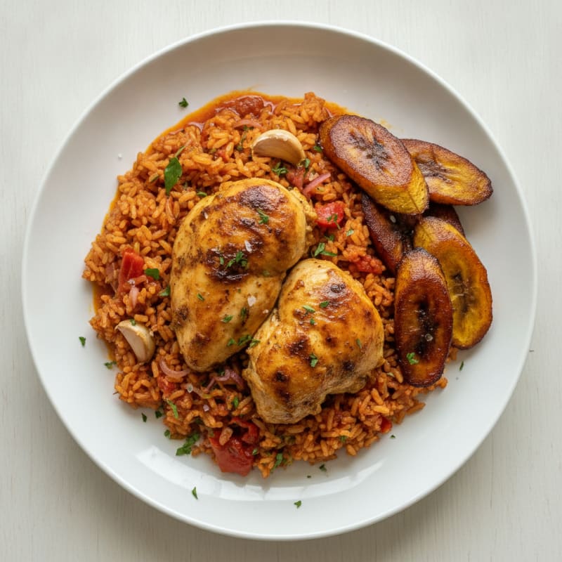 Nigerian Jollof Rice with Chicken and Plantains