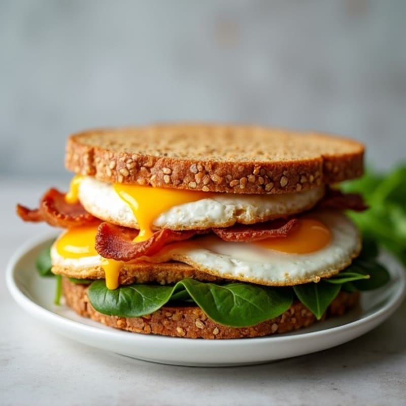 Whole Grain Breakfast Sandwich with Fluffy Eggs, Crispy Turkey Bacon, and Fresh Spinach