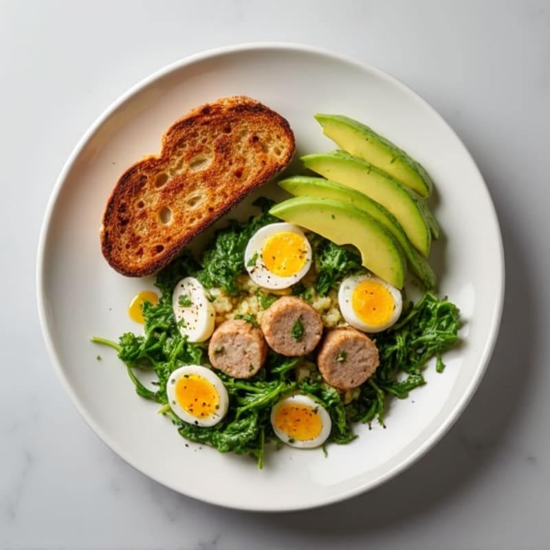 Egg White and Turkey Sausage Scramble with Sautéed Spinach, Toast & Avocado