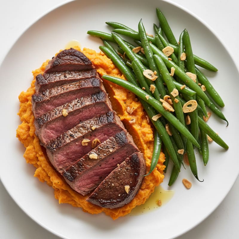 Seared Lean Beef with Garlic Green Beans and Sweet Potato Mash