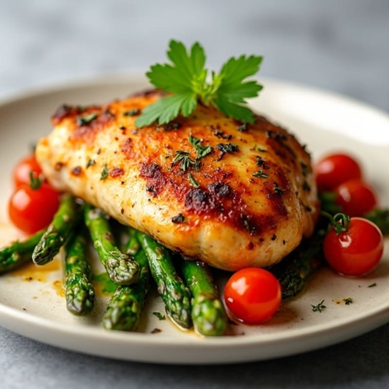 Crispy Lemon-Herb Roasted Chicken Thighs with Roasted Asparagus and Cherry Tomatoes