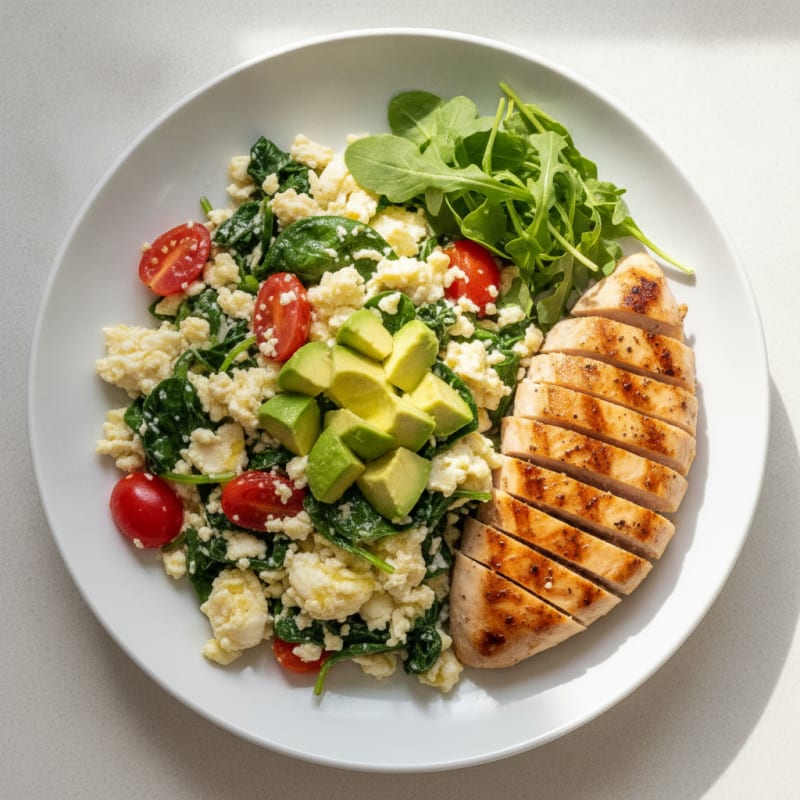 Egg White and Spinach Scramble with Grilled Chicken