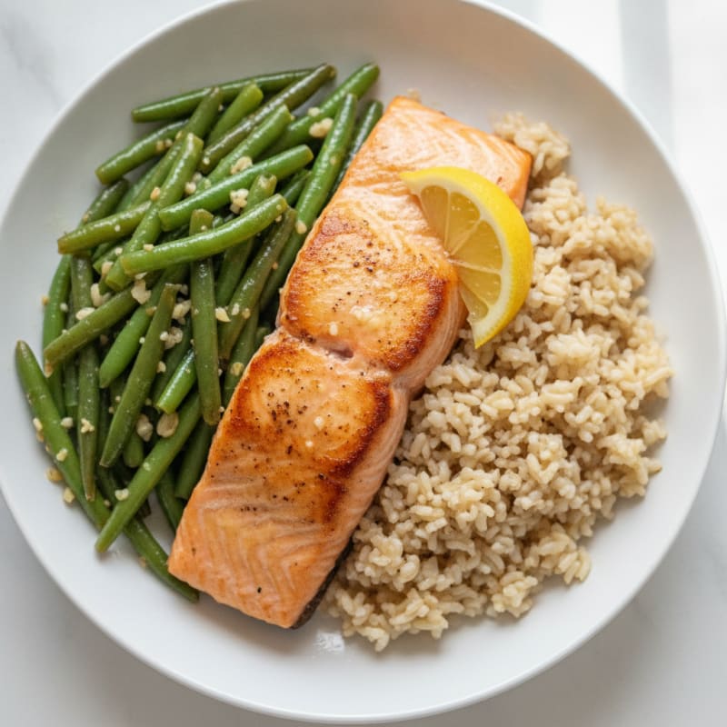 Seared Salmon with Garlic Green Beans and Brown Rice