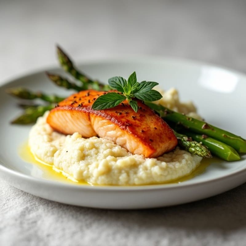 Seared Salmon with Roasted Asparagus and Cauliflower Mash