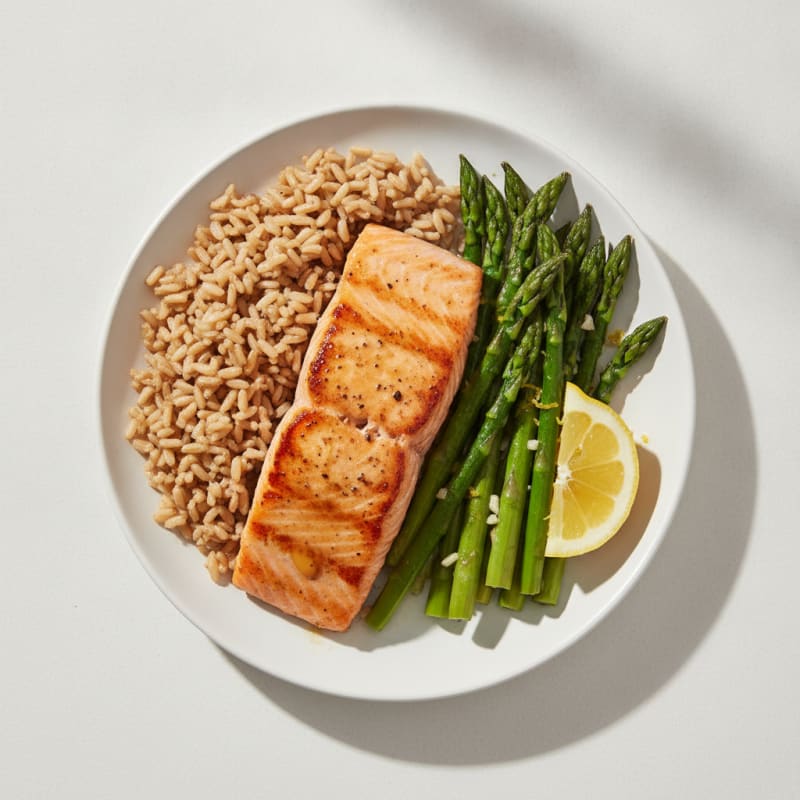 Seared Salmon with Lemon-Garlic Asparagus and Brown Rice