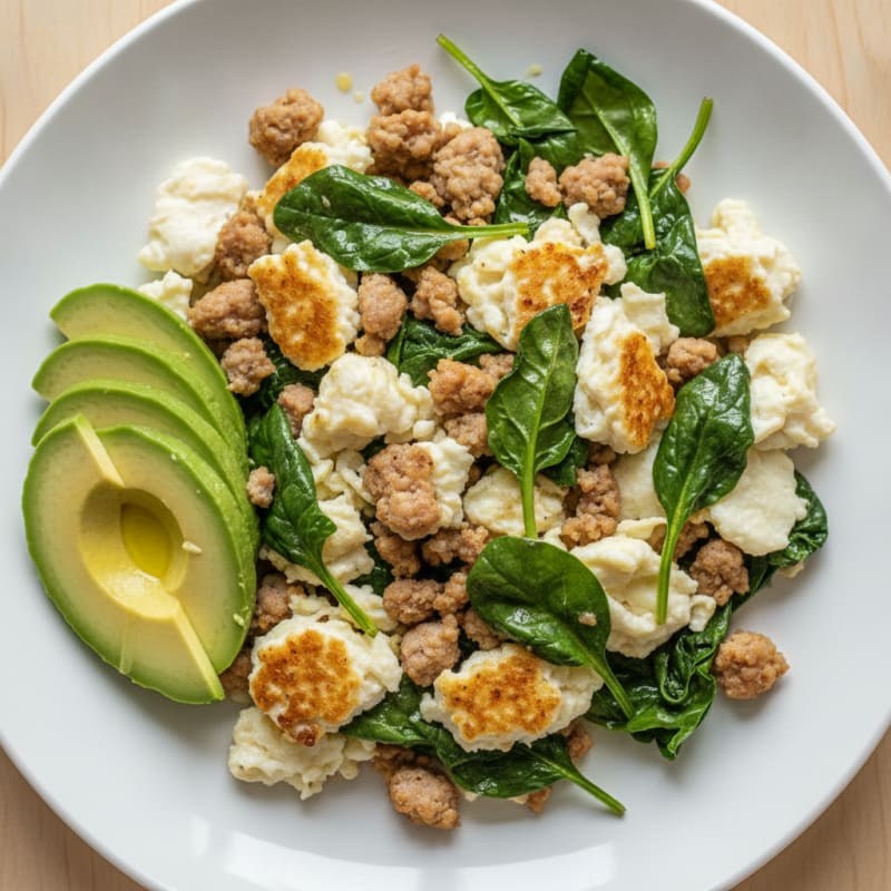 Egg White Scramble with Turkey Sausage and Sautéed Spinach