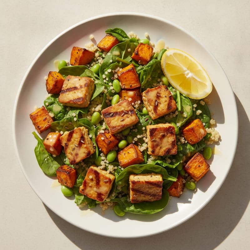 Grilled Tempeh Salad with Roasted Sweet Potato and Quinoa