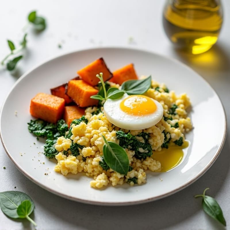 Cottage Cheese and Egg White Scramble with Spinach and Roasted Sweet Potato