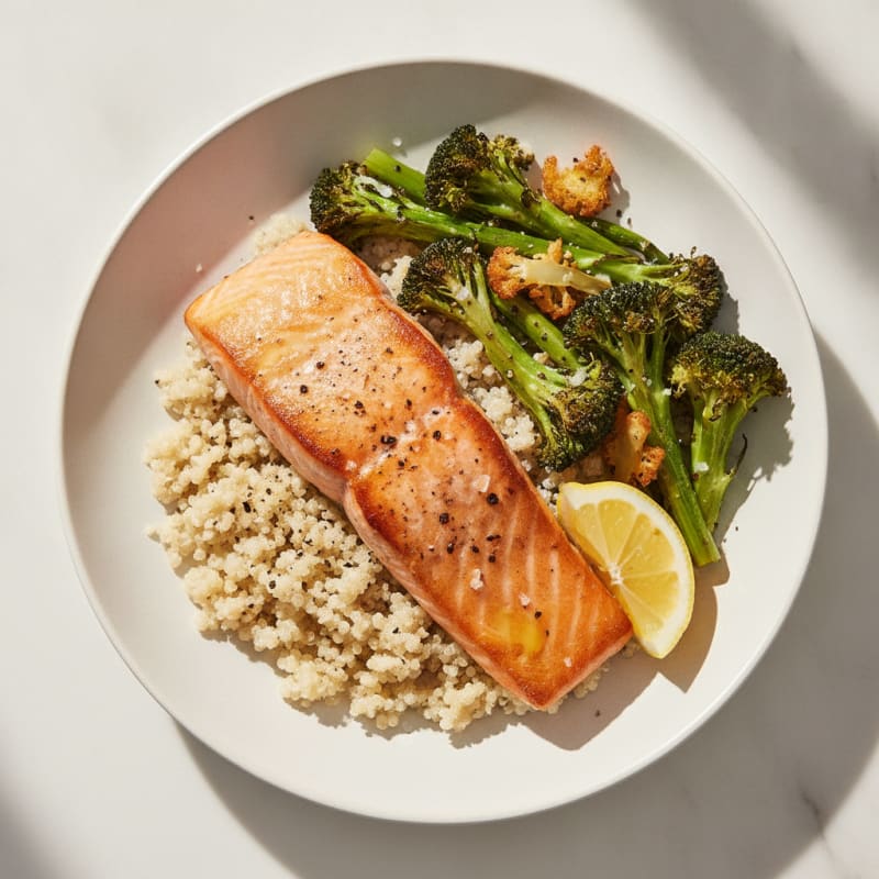 Seared Salmon with Roasted Broccoli and Quinoa