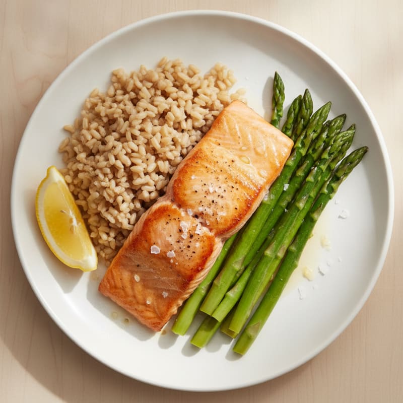 Seared Salmon with Steamed Asparagus and Brown Rice