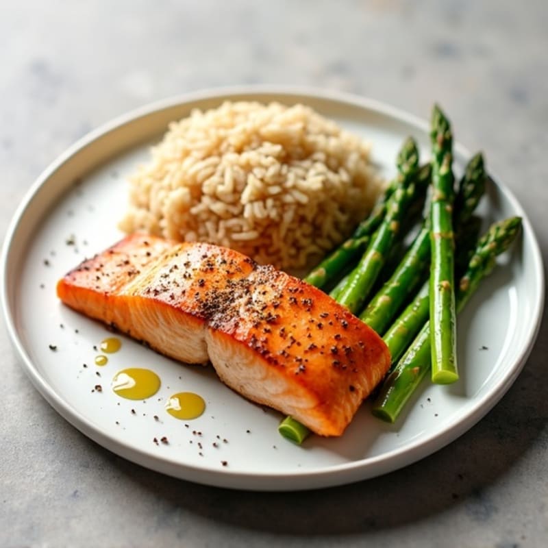 Seared Salmon with Steamed Asparagus and Brown Rice